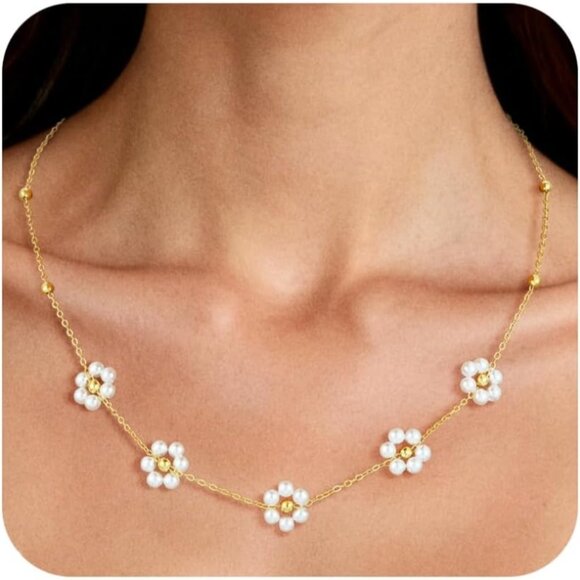 Women's Flower Gold Pearl Necklace 14k Gold Plated Dainty Pearl Necklace Choker - Picture 1 of 7